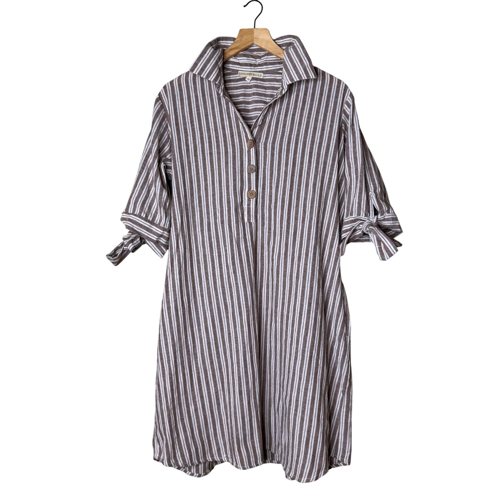 Kings Road Brown White Striped Shirt Dress Plus Size 1X Tie Sleeve Pocket Tunic